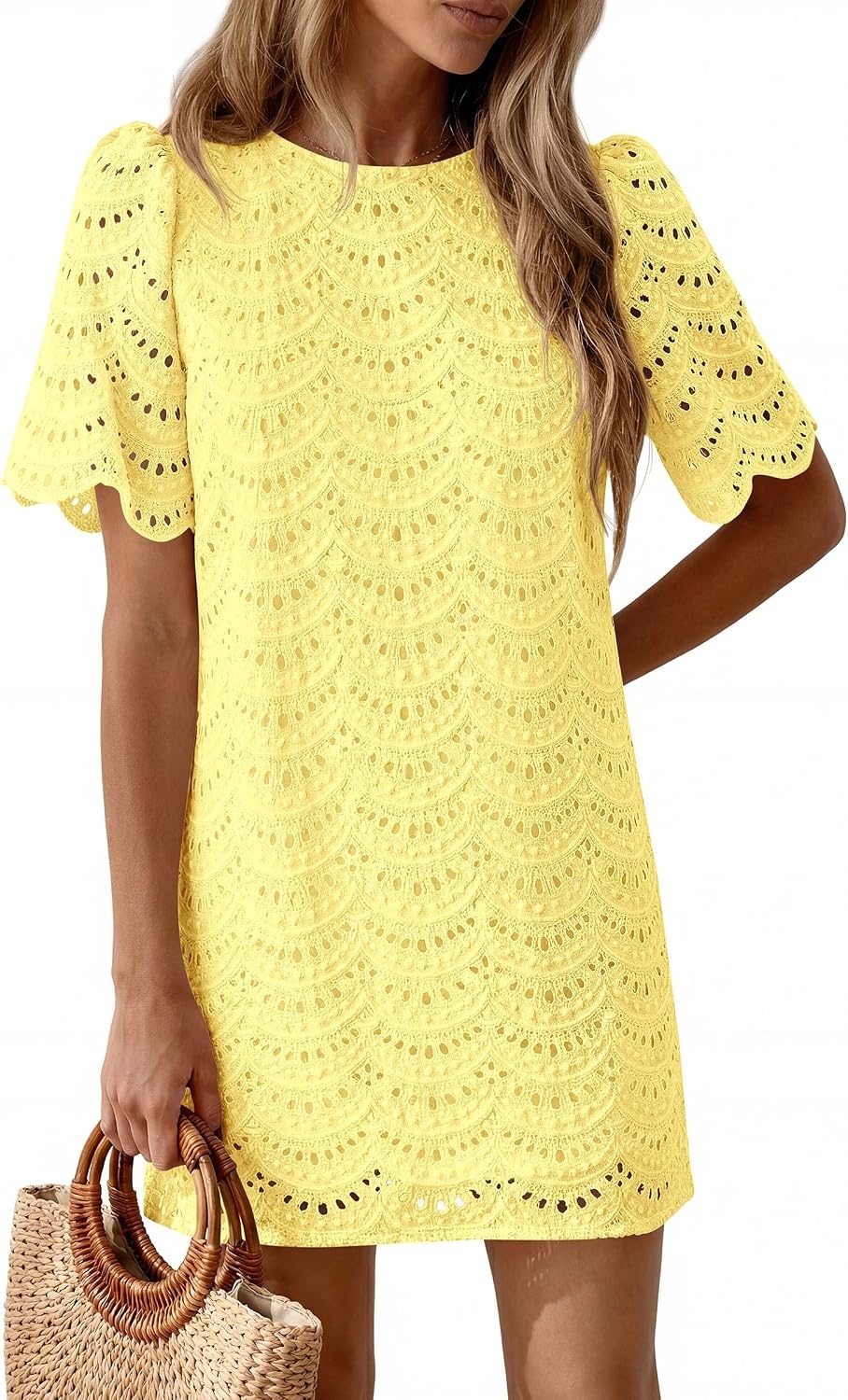image:imagePRETTYGARDEN Womens Summer Eyelet Lace Short DressYellow