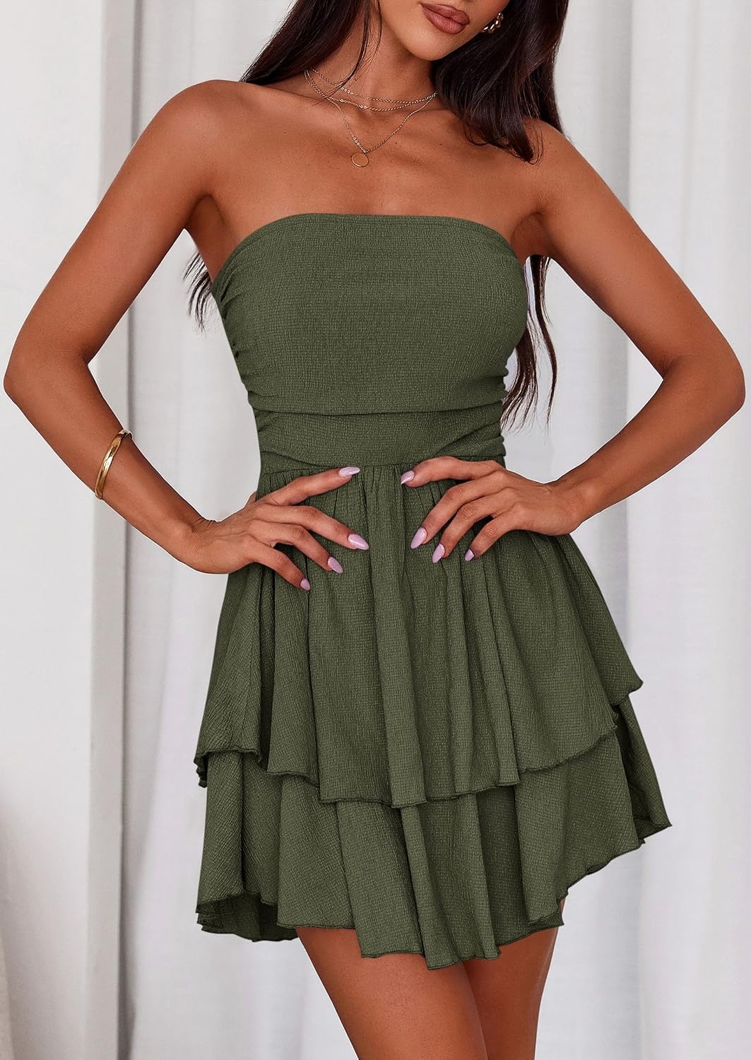 image:imagePRETTYGARDEN Womens Summer Strapless Flowy Mini DressesArmy Green