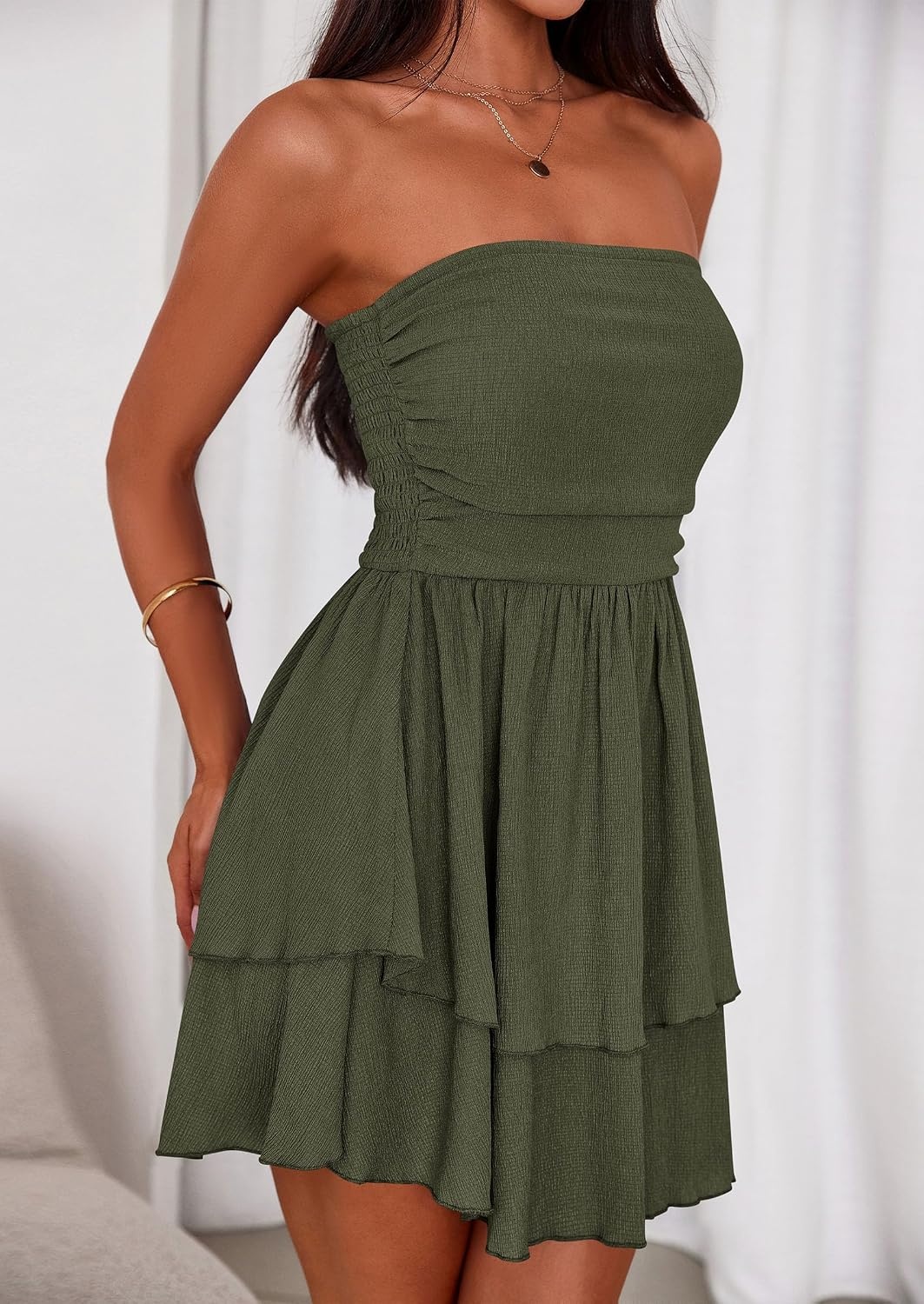 image:imagePRETTYGARDEN Womens Summer Strapless Flowy Mini DressesArmy Green