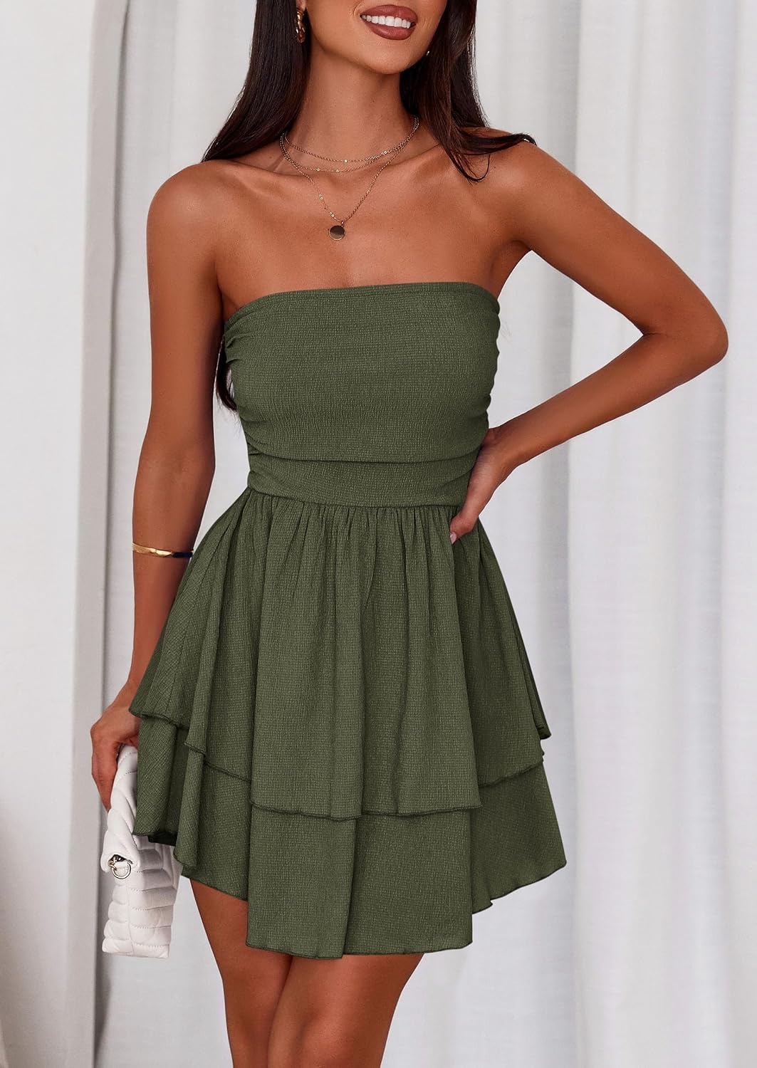 image:imagePRETTYGARDEN Womens Summer Strapless Flowy Mini DressesArmy Green