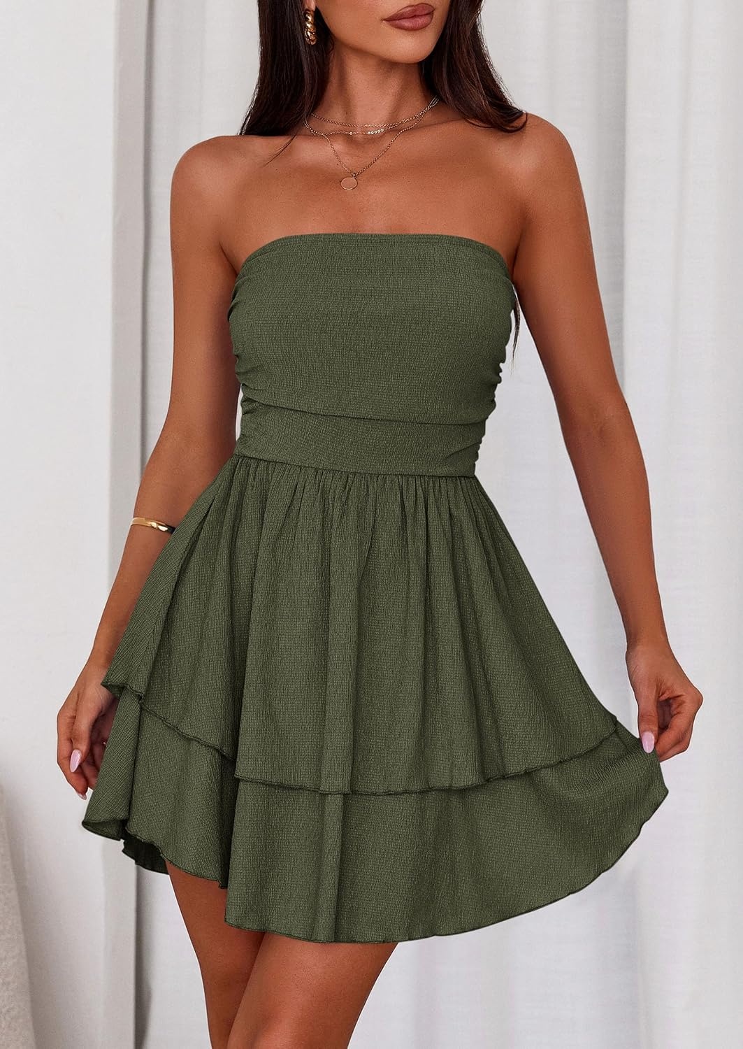 image:imagePRETTYGARDEN Womens Summer Strapless Flowy Mini DressesArmy Green