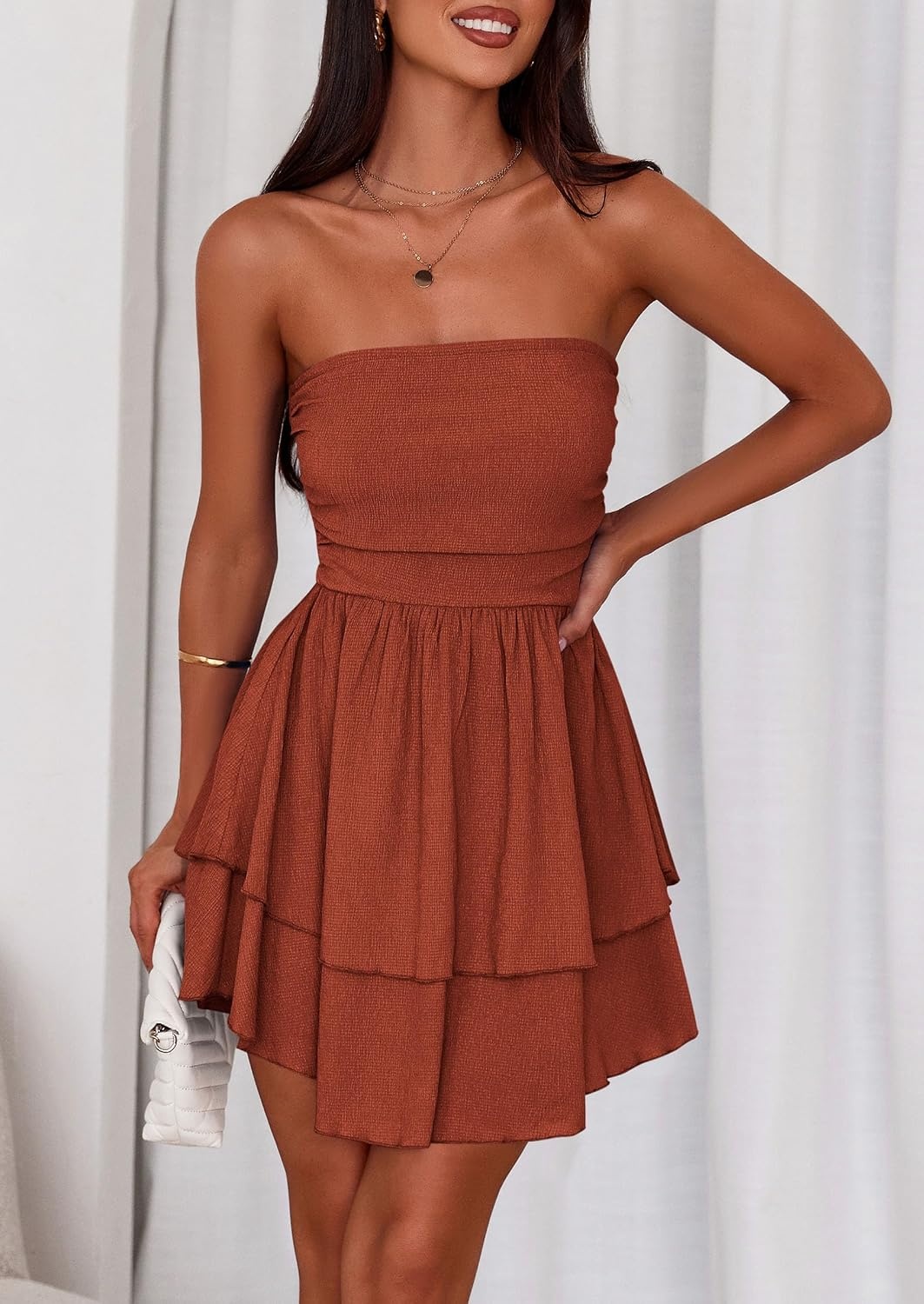 image:imagePRETTYGARDEN Womens Summer Strapless Flowy Mini DressesBrick Red