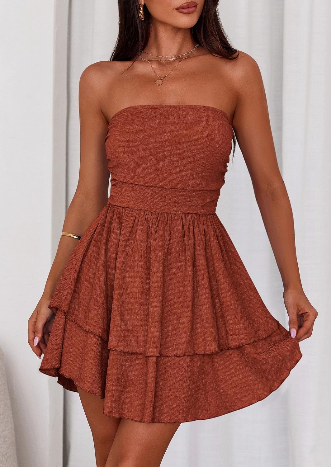 image:imagePRETTYGARDEN Womens Summer Strapless Flowy Mini DressesBrick Red