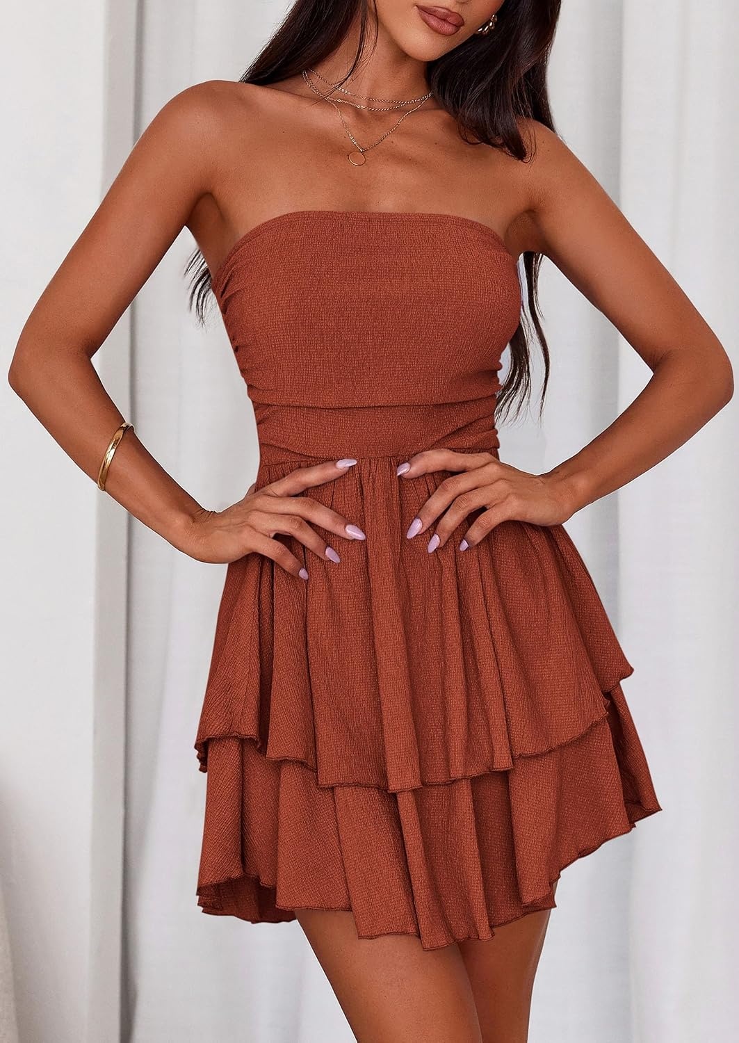 image:imagePRETTYGARDEN Womens Summer Strapless Flowy Mini DressesBrick Red