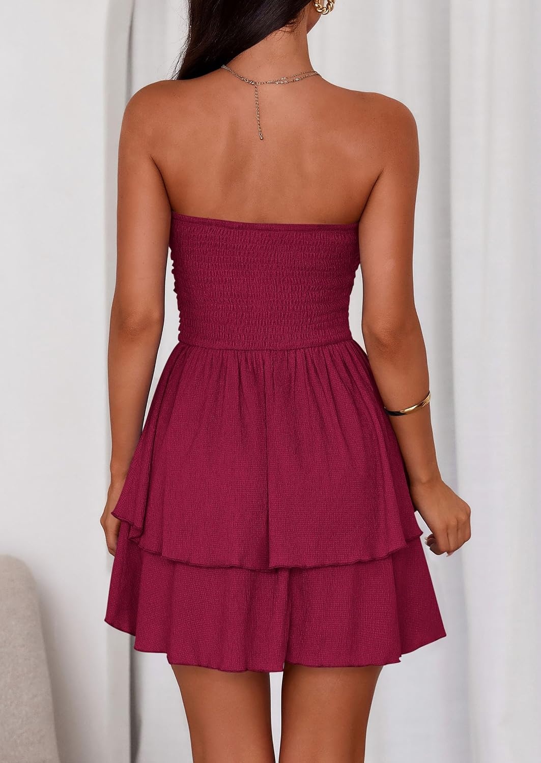 image:imagePRETTYGARDEN Womens Summer Strapless Flowy Mini DressesBurgundy
