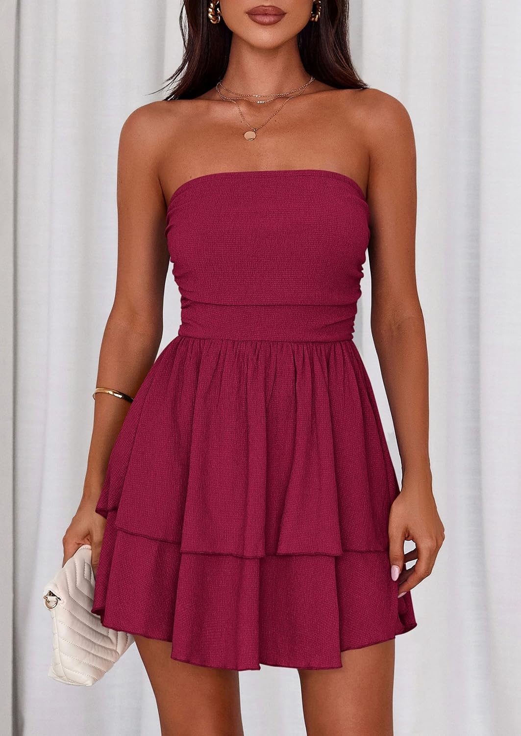 image:imagePRETTYGARDEN Womens Summer Strapless Flowy Mini DressesBurgundy
