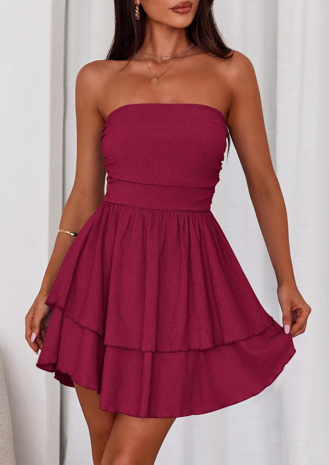 image:imagePRETTYGARDEN Womens Summer Strapless Flowy Mini DressesBurgundy