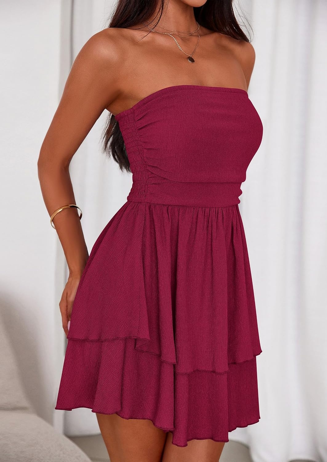image:imagePRETTYGARDEN Womens Summer Strapless Flowy Mini DressesBurgundy