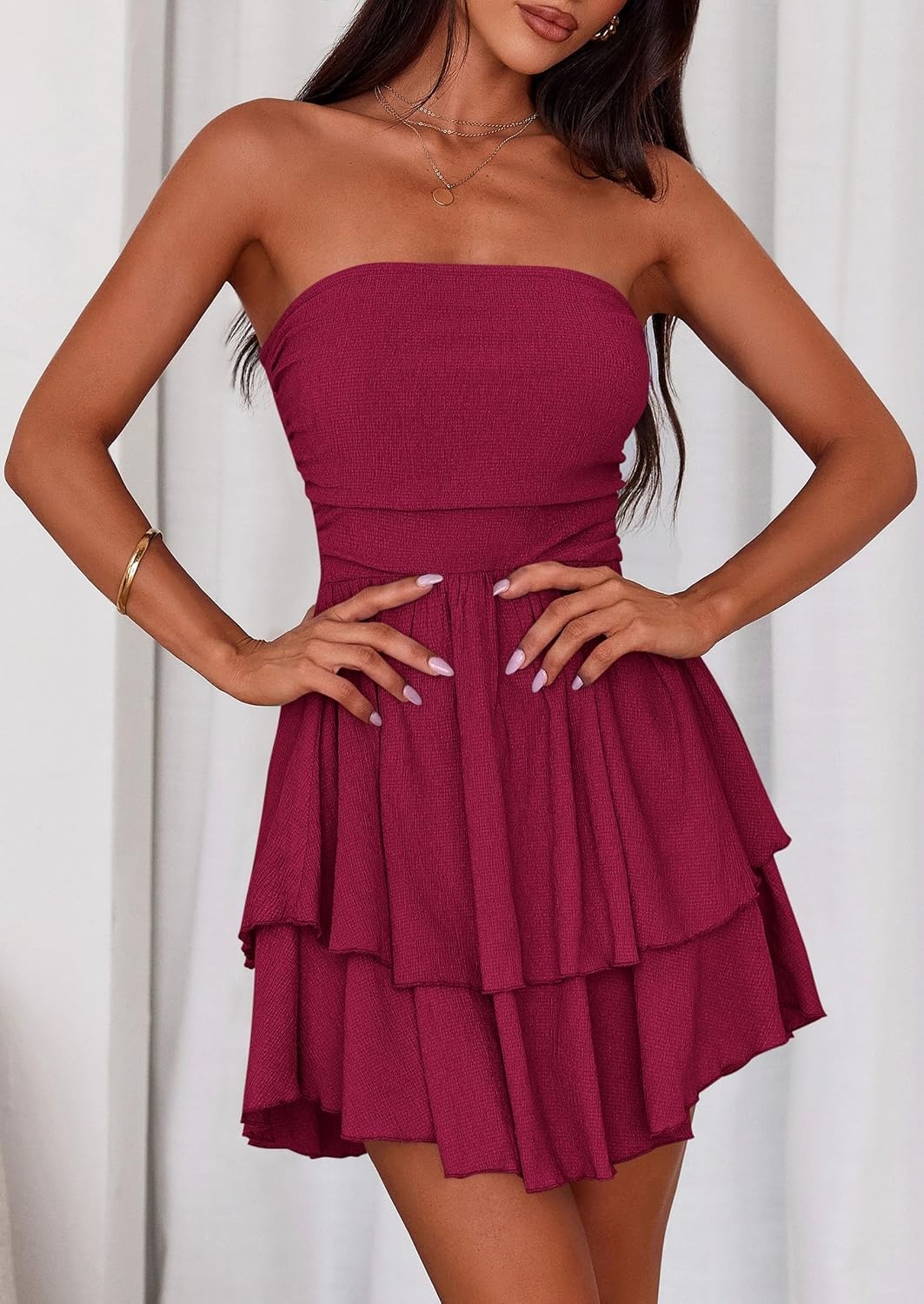 image:imagePRETTYGARDEN Womens Summer Strapless Flowy Mini DressesBurgundy