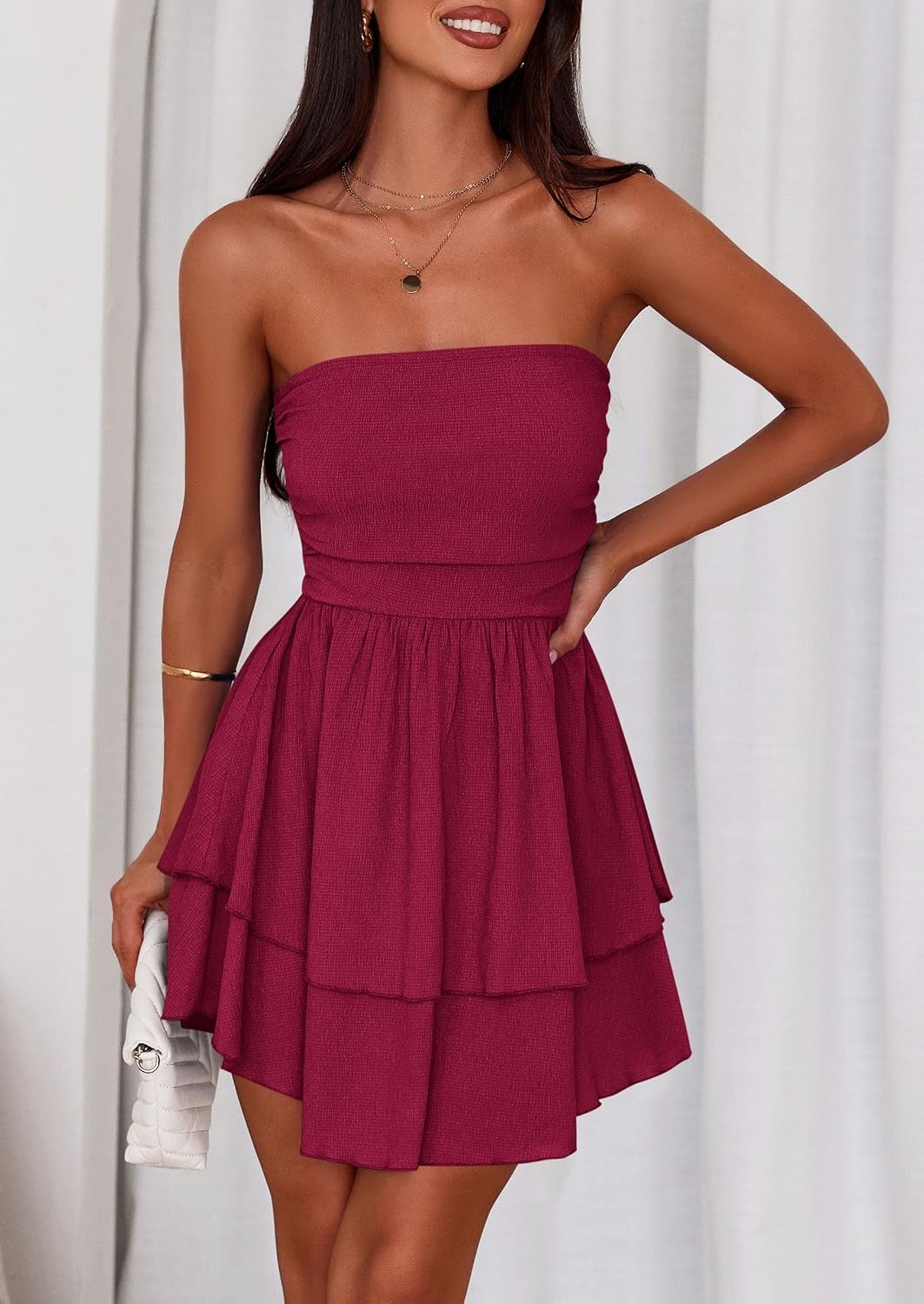 image:imagePRETTYGARDEN Womens Summer Strapless Flowy Mini DressesBurgundy