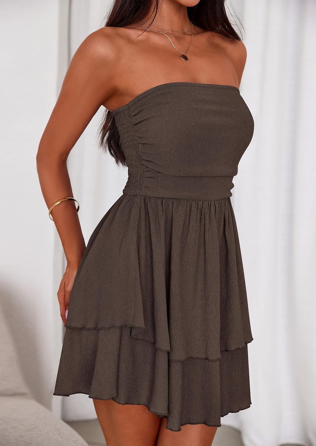 image:imagePRETTYGARDEN Womens Summer Strapless Flowy Mini DressesCoffee