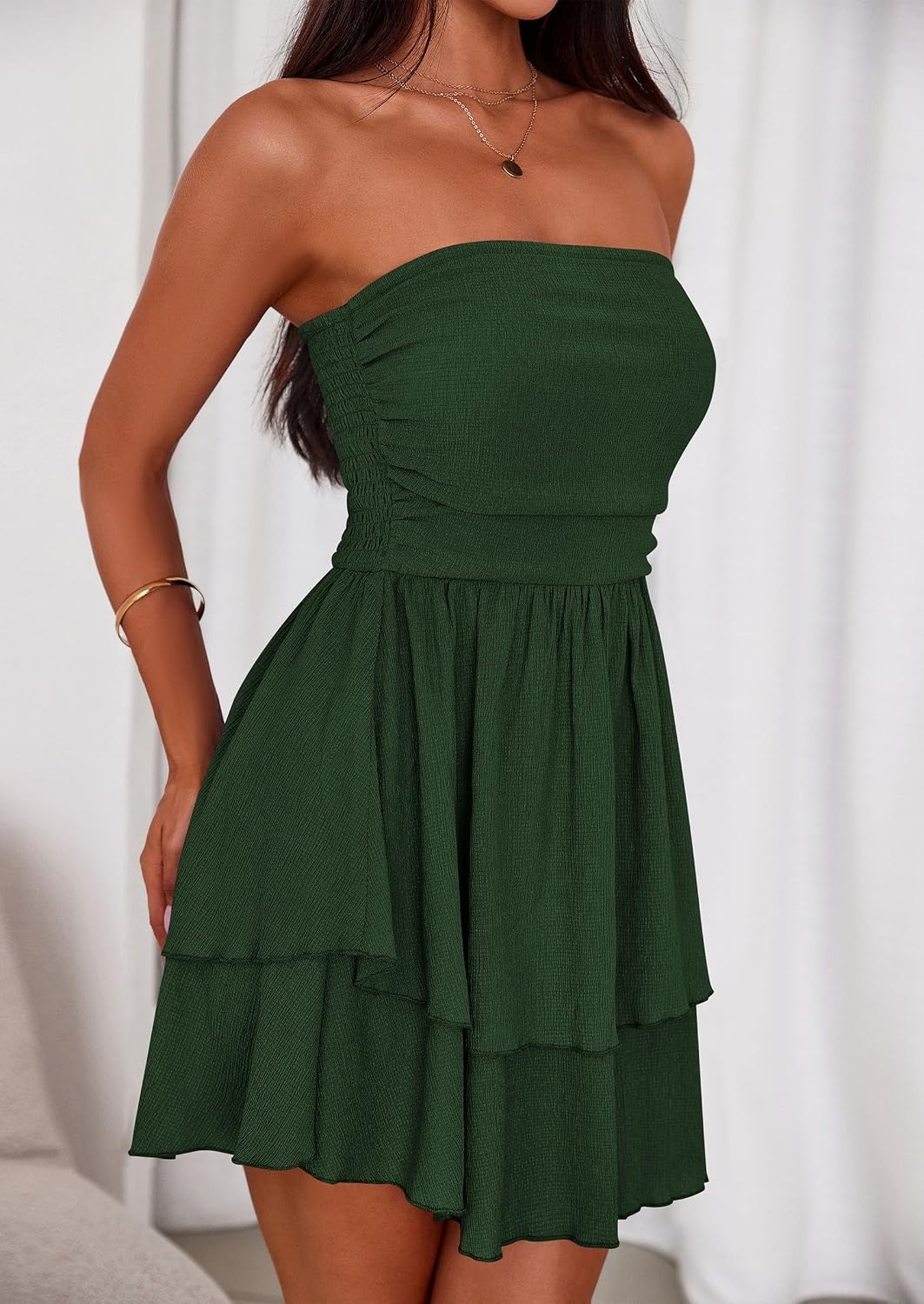 image:imagePRETTYGARDEN Womens Summer Strapless Flowy Mini DressesDark Green