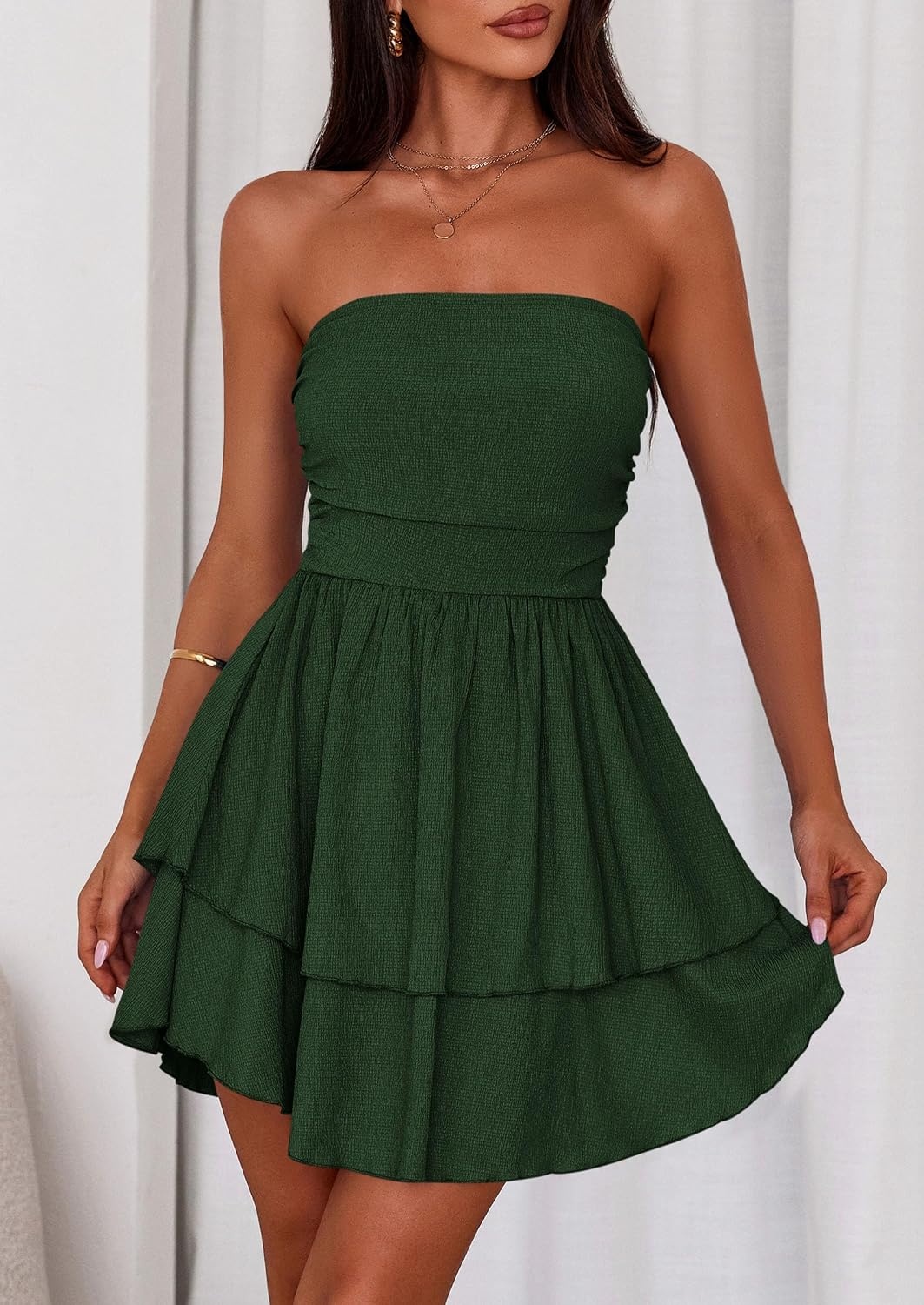 image:imagePRETTYGARDEN Womens Summer Strapless Flowy Mini DressesDark Green