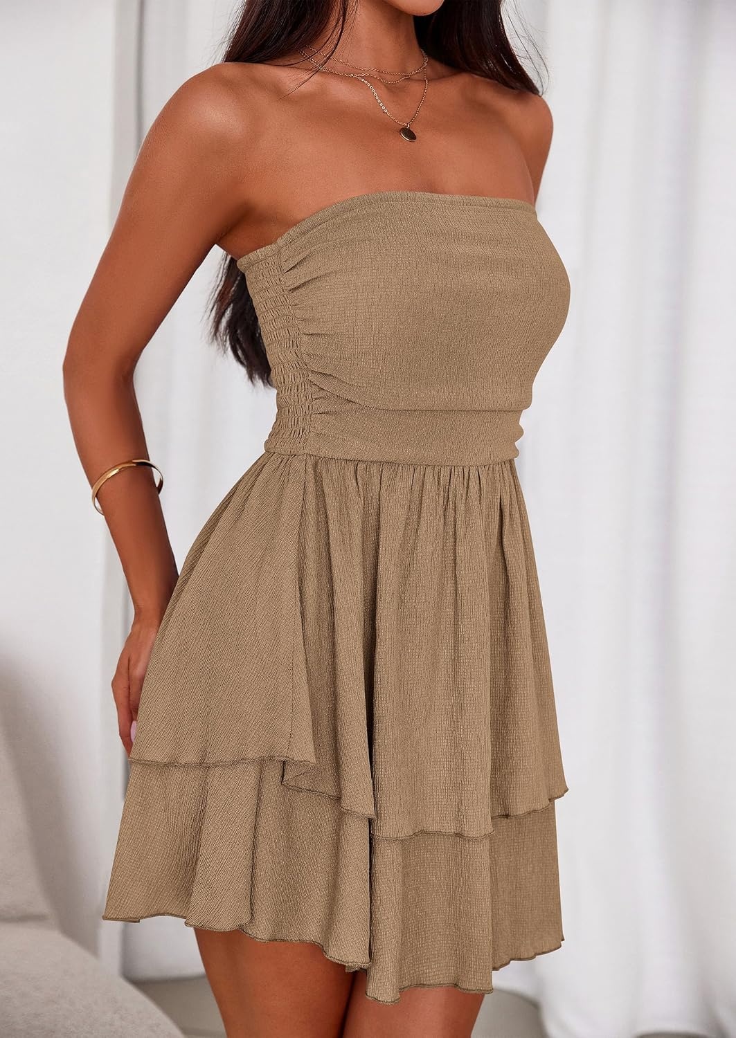 image:imagePRETTYGARDEN Womens Summer Strapless Flowy Mini DressesKhaki