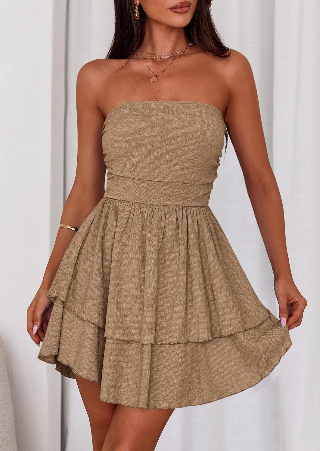 image:imagePRETTYGARDEN Womens Summer Strapless Flowy Mini DressesKhaki