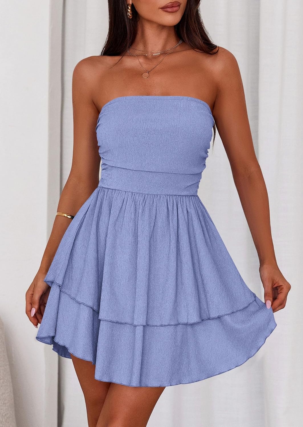 image:imagePRETTYGARDEN Womens Summer Strapless Flowy Mini DressesLight Blue