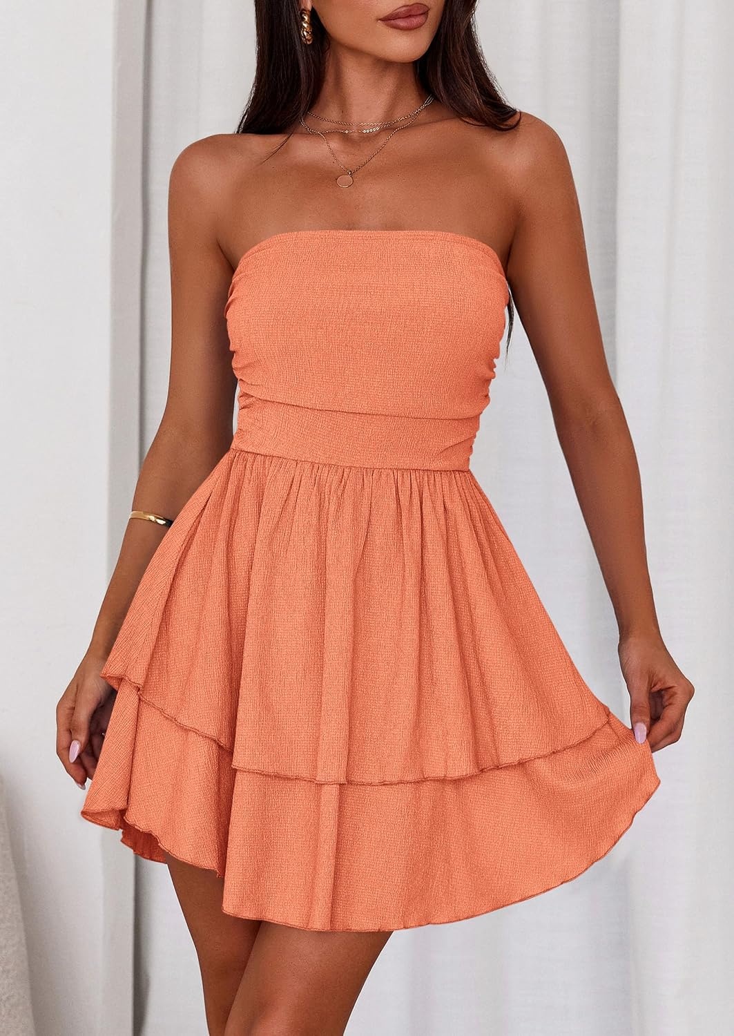 image:imagePRETTYGARDEN Womens Summer Strapless Flowy Mini DressesOrange