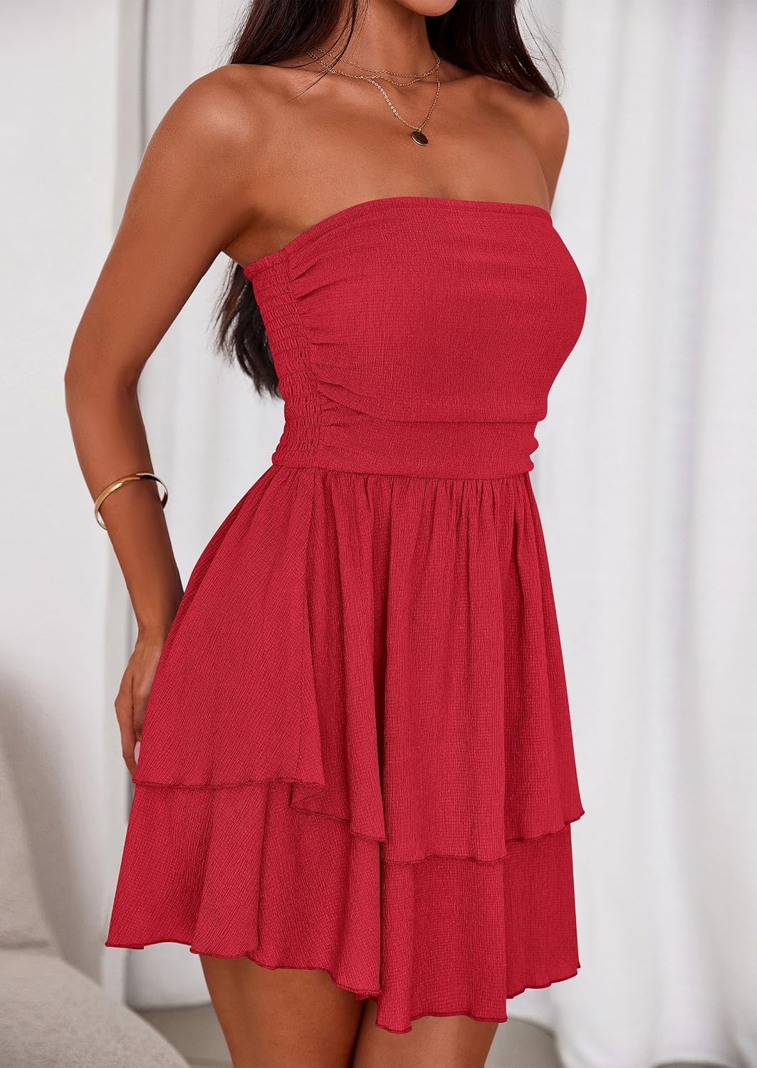 image:imagePRETTYGARDEN Womens Summer Strapless Flowy Mini DressesRed