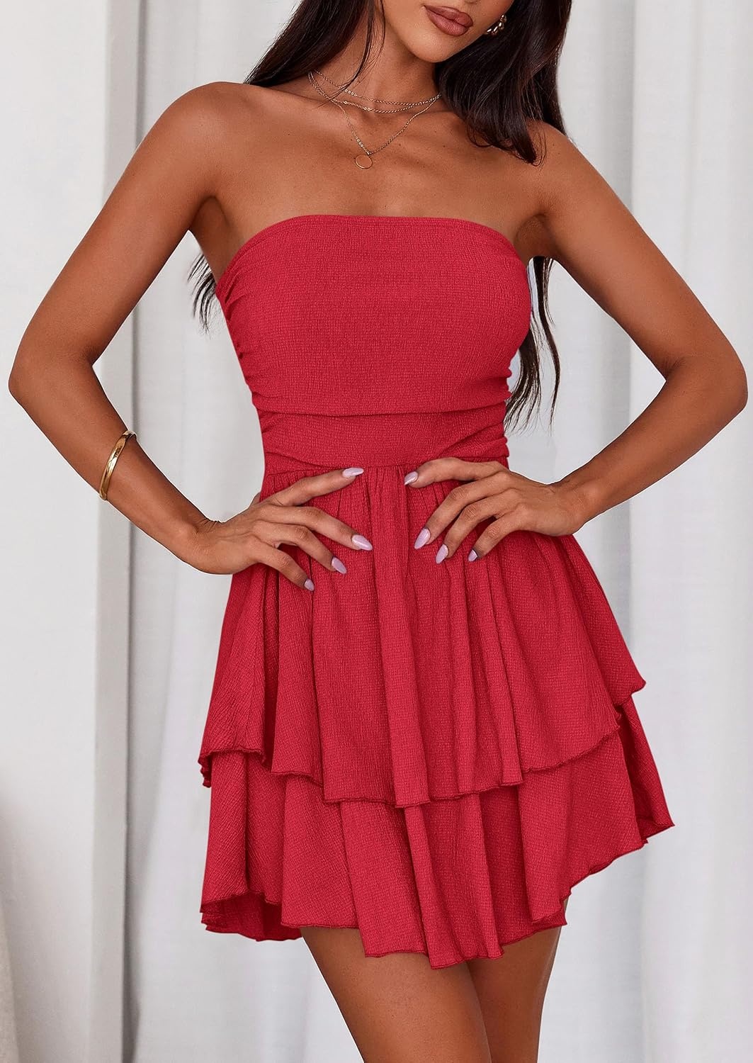 image:imagePRETTYGARDEN Womens Summer Strapless Flowy Mini DressesRed