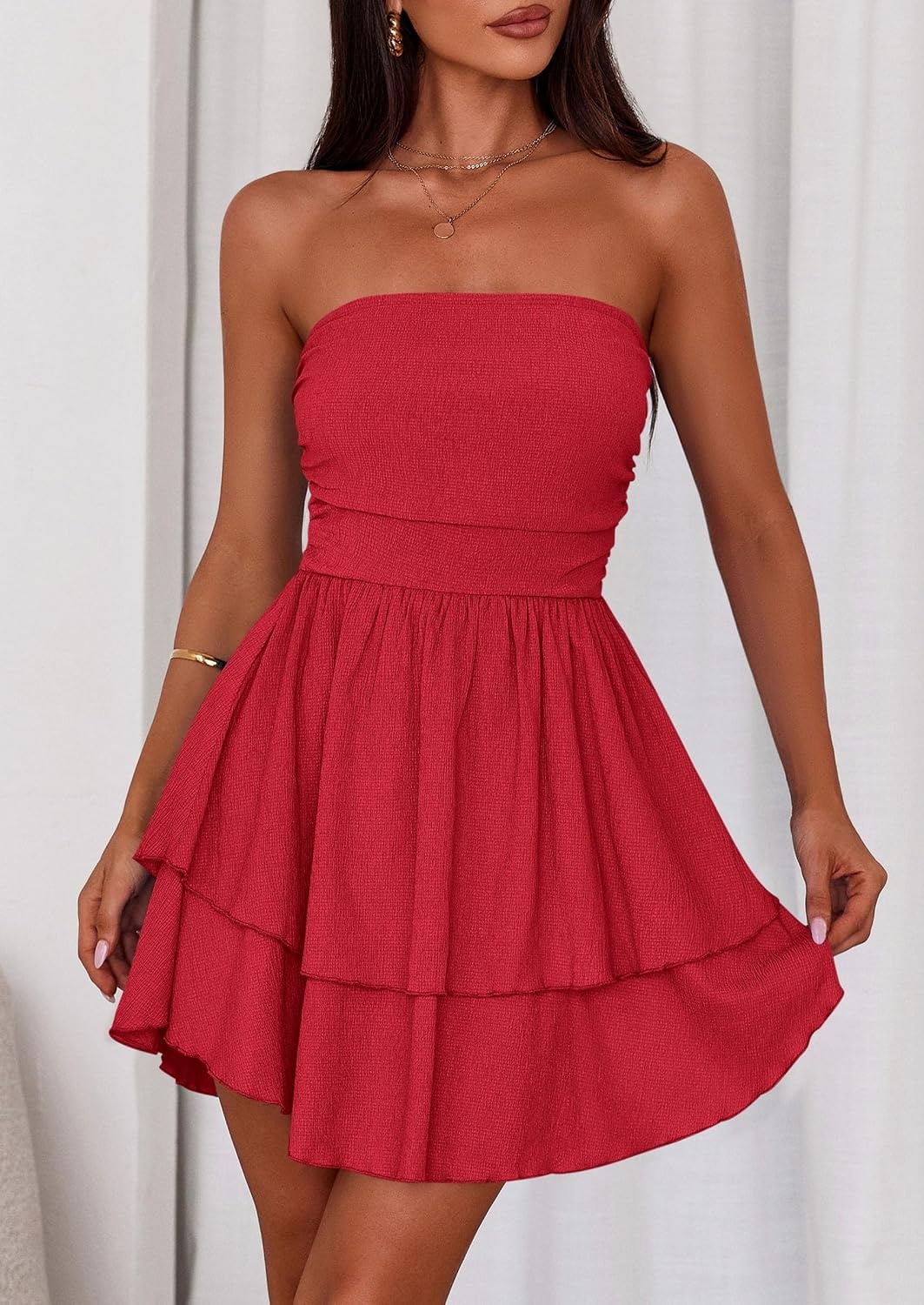 image:imagePRETTYGARDEN Womens Summer Strapless Flowy Mini DressesRed