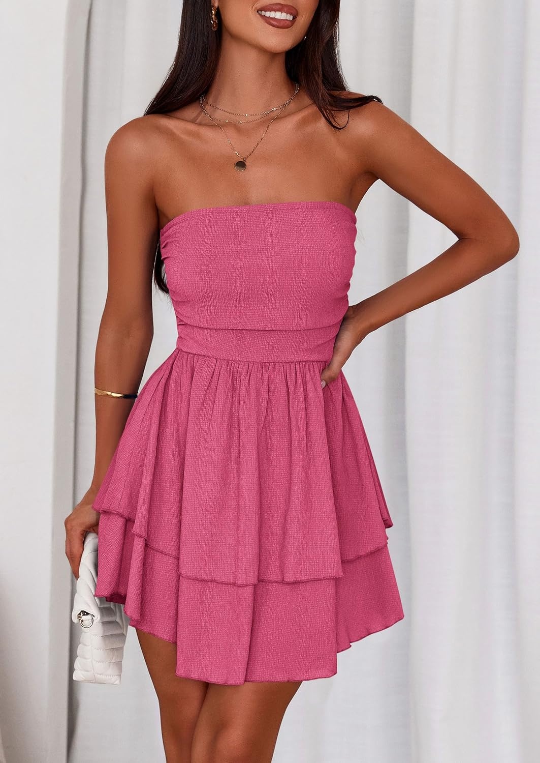 image:imagePRETTYGARDEN Womens Summer Strapless Flowy Mini DressesRose Red