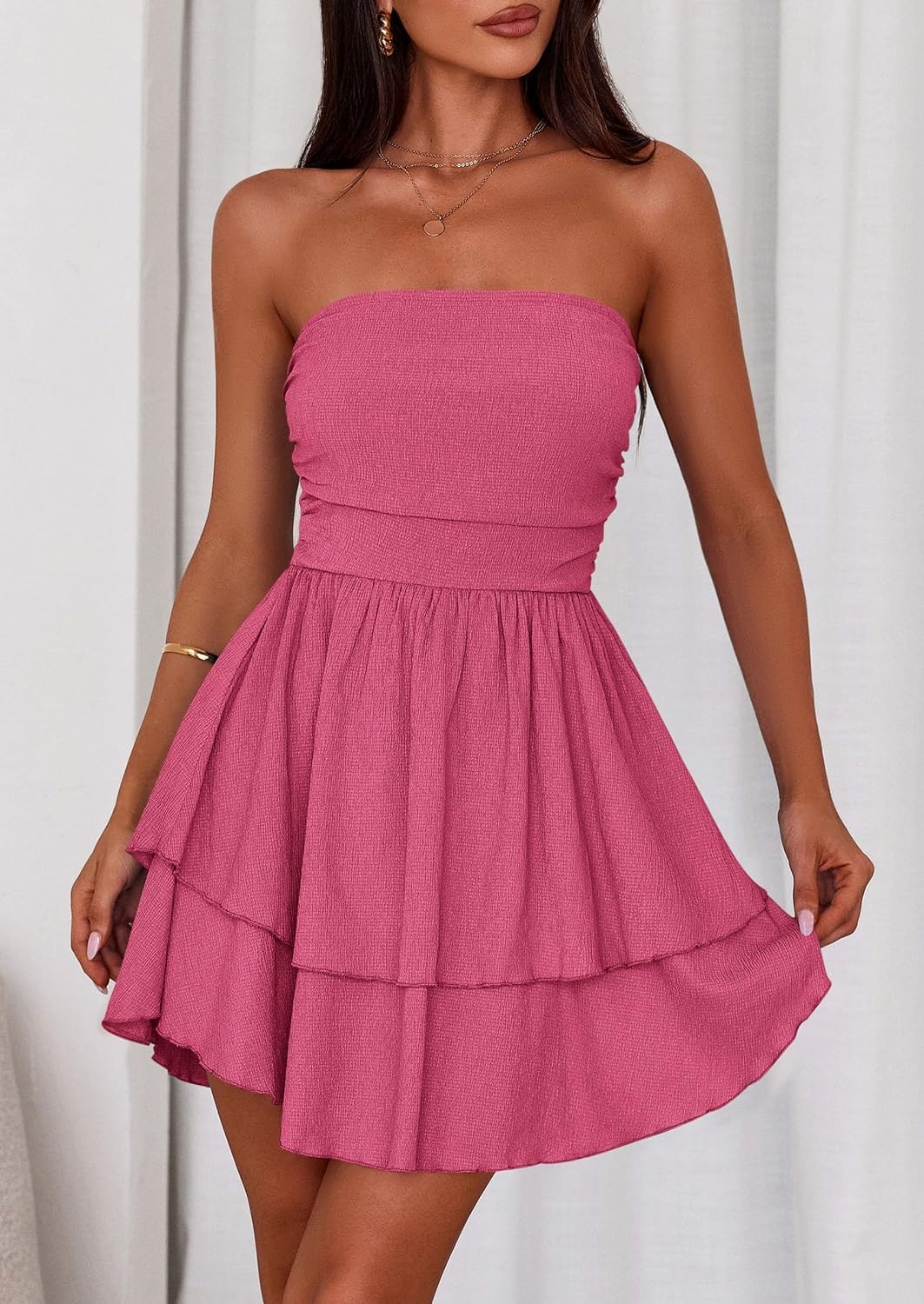 image:imagePRETTYGARDEN Womens Summer Strapless Flowy Mini DressesRose Red