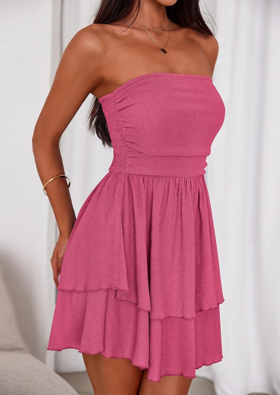 image:imagePRETTYGARDEN Womens Summer Strapless Flowy Mini DressesRose Red