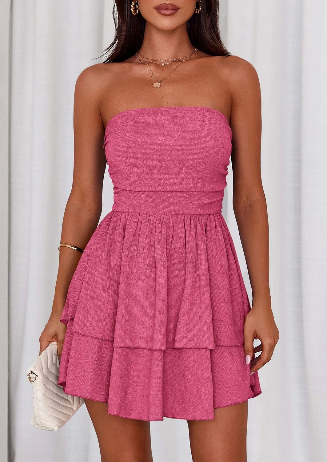 image:imagePRETTYGARDEN Womens Summer Strapless Flowy Mini DressesRose Red