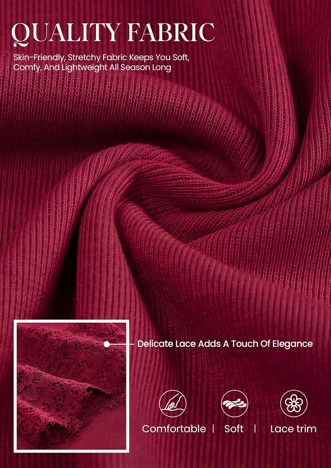 image:imagePRETTYGARDEN Womens V Neck Long Sleeve Fitted Lace Trim TopsBurgundy