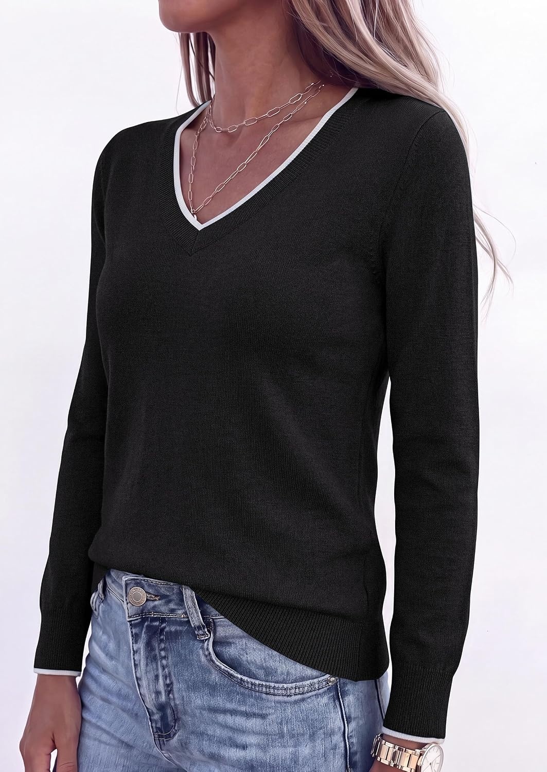 image:imagePRETTYGARDEN Womens V Neck Sweater Long Sleeve Knit TopsBlack