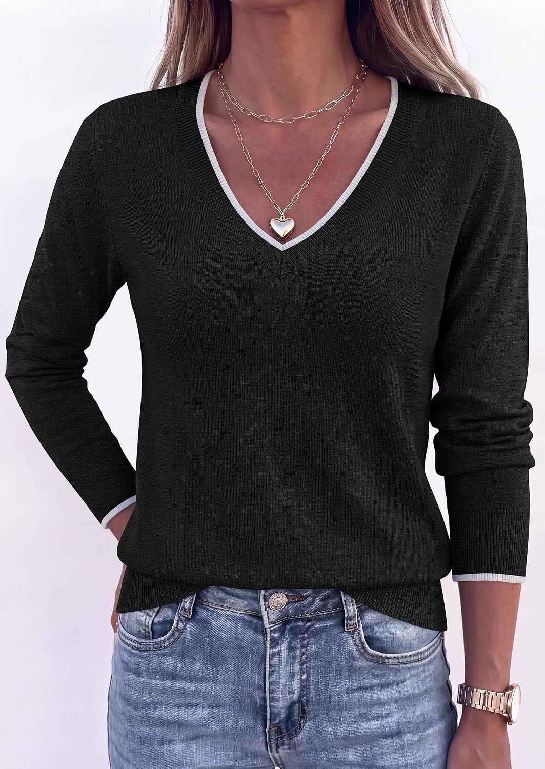 image:imagePRETTYGARDEN Womens V Neck Sweater Long Sleeve Knit TopsBlack