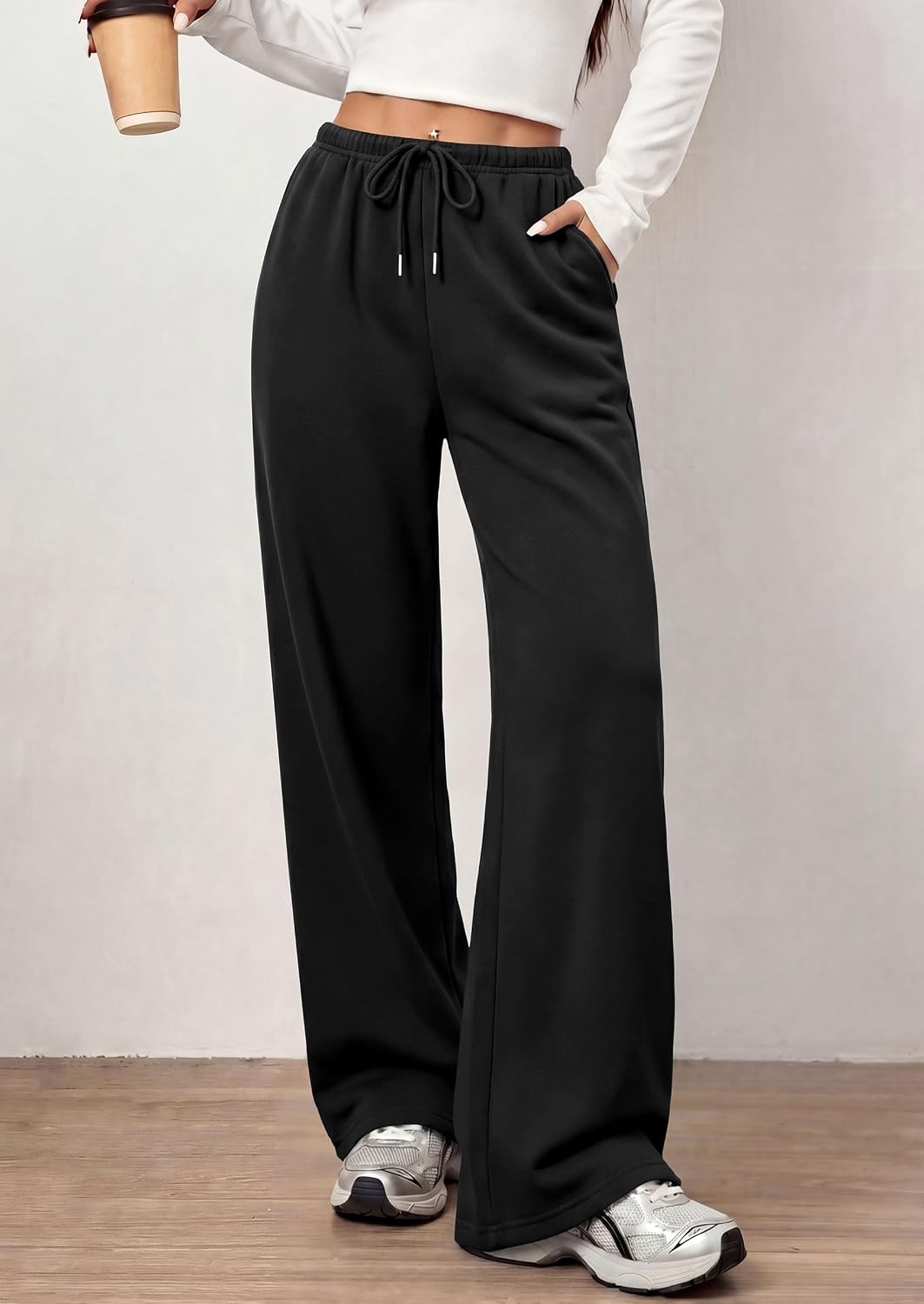 image:imagePRETTYGARDEN Womens Wide Leg Sweatpants Fleece Lounge PantsBlack
