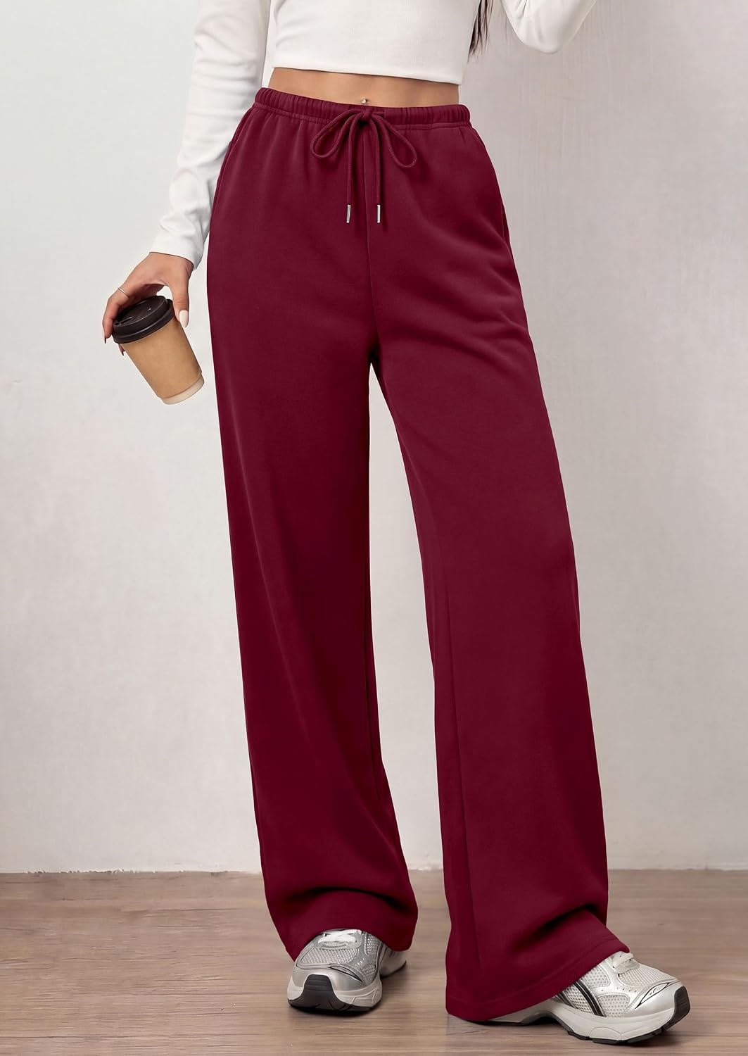 image:imagePRETTYGARDEN Womens Wide Leg Sweatpants Fleece Lounge PantsWine Red