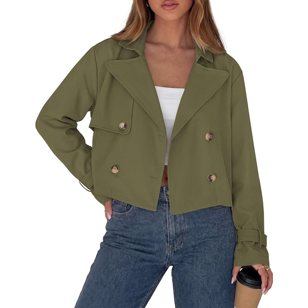 image:imagePRETTYGARDEN Cropped Trench Coat For Women Short JacketArmy Green