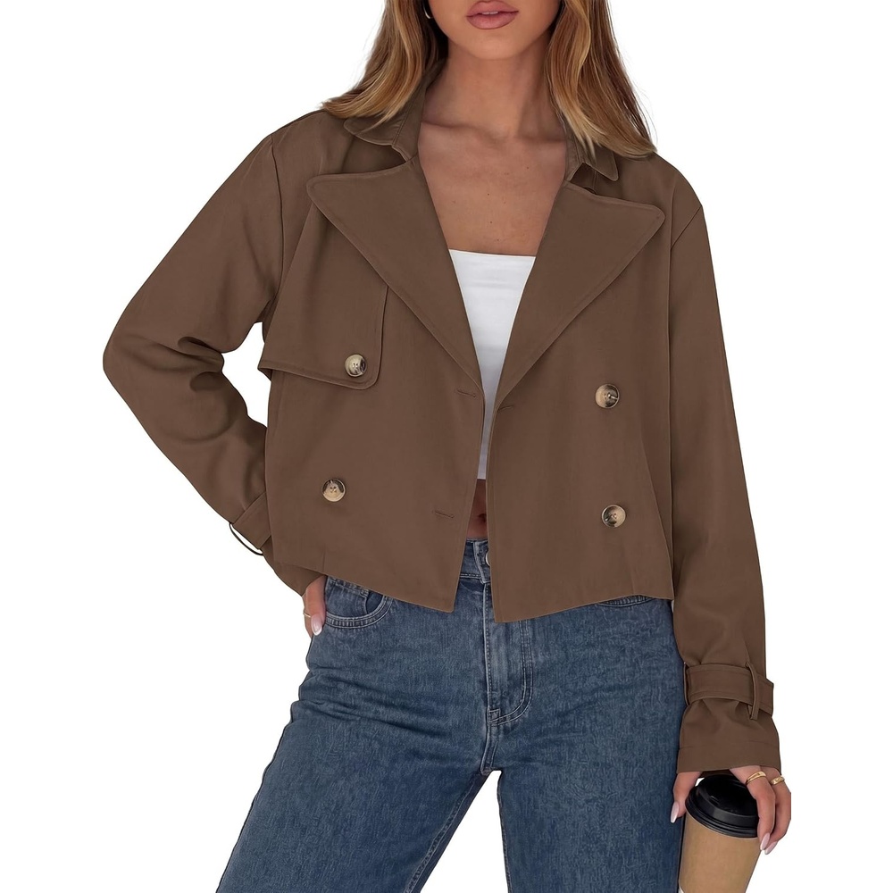 image:imagePRETTYGARDEN Cropped Trench Coat For Women Short JacketBrown