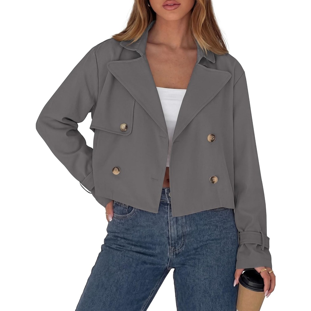 image:imagePRETTYGARDEN Cropped Trench Coat For Women Short JacketGrey