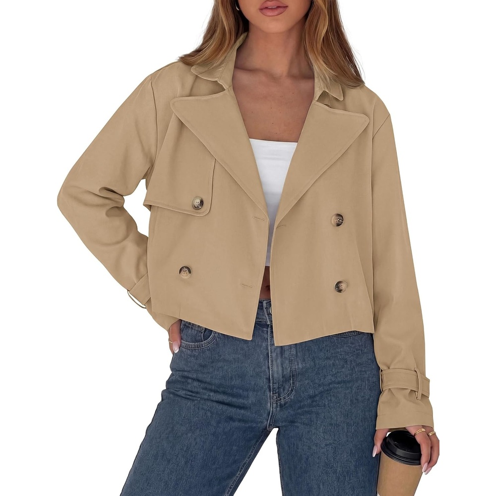image:imagePRETTYGARDEN Cropped Trench Coat For Women Short JacketKhaki