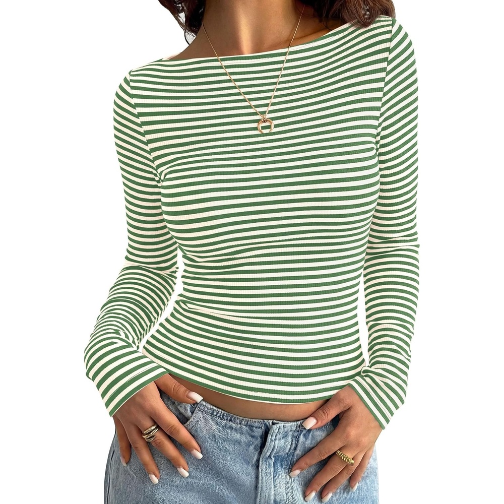 image:imagePRETTYGARDEN Long Sleeve Striped Shirts for WomenStriped Beige Green
