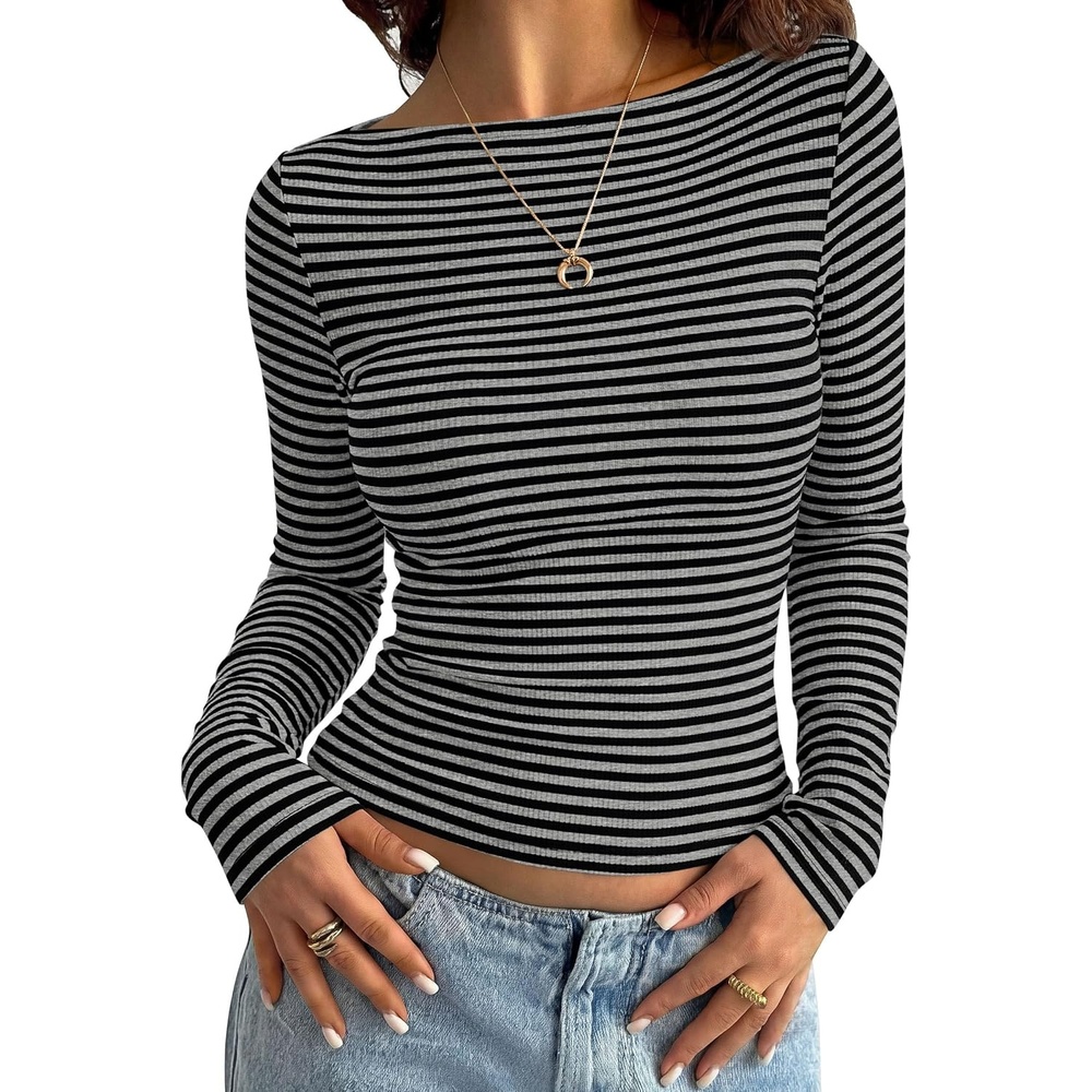 image:imagePRETTYGARDEN Long Sleeve Striped Shirts for WomenStriped Grey Black
