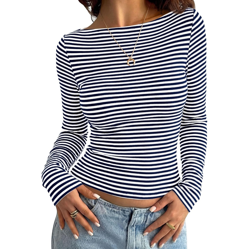 image:imagePRETTYGARDEN Long Sleeve Striped Shirts for WomenStriped Navy White
