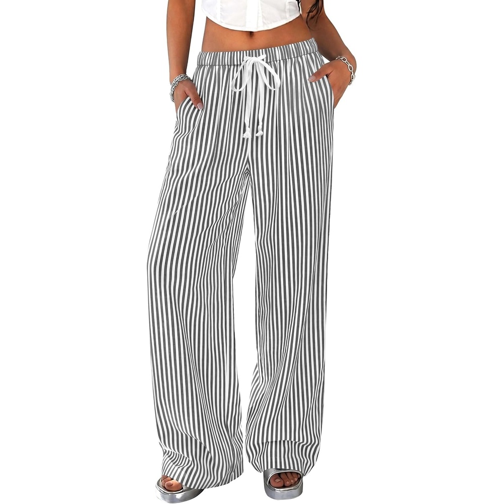 image:imagePRETTYGARDEN Striped Wide Leg Pants Women Loungewear with PocketStriped Black White