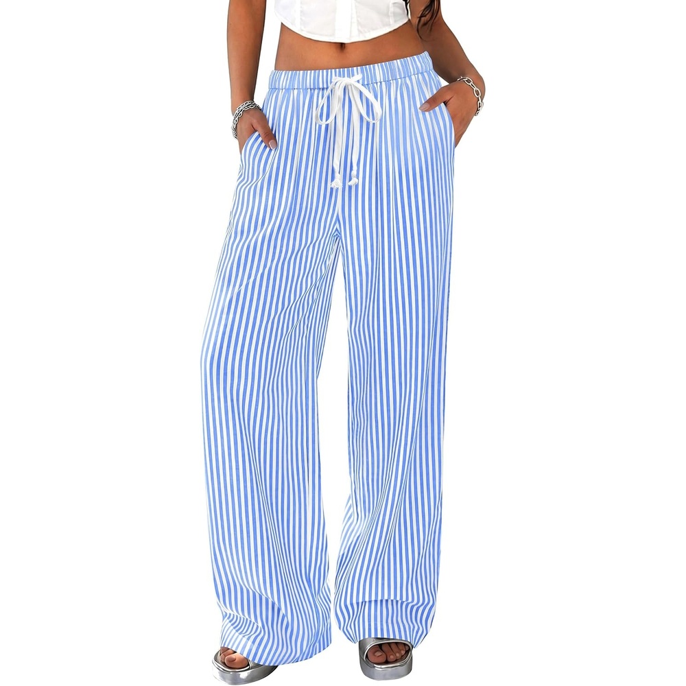 image:imagePRETTYGARDEN Striped Wide Leg Pants Women Loungewear with PocketStriped Blue White
