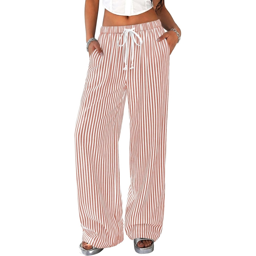 image:imagePRETTYGARDEN Striped Wide Leg Pants Women Loungewear with PocketStriped Brown White