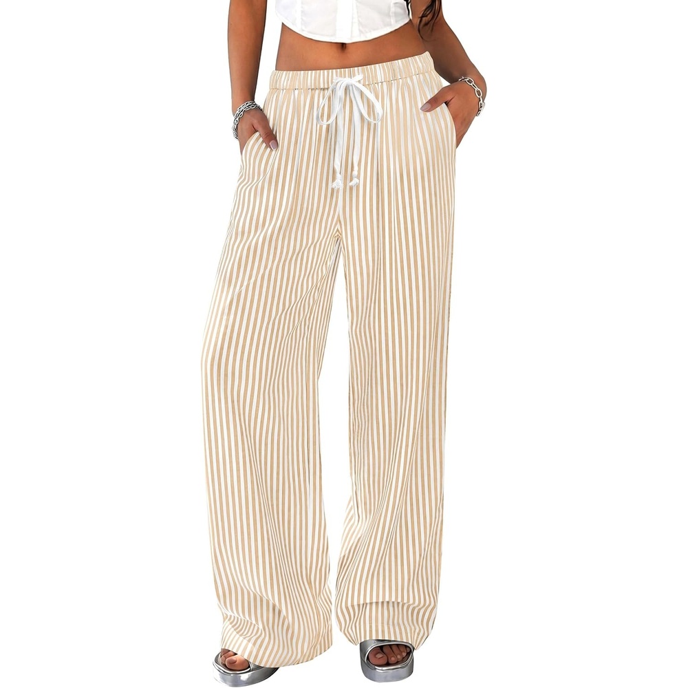 image:imagePRETTYGARDEN Striped Wide Leg Pants Women Loungewear with PocketStriped Khaki White