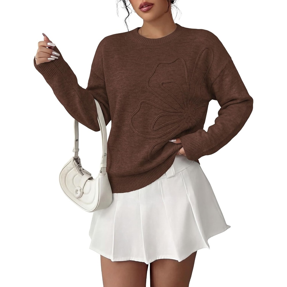 image:imagePRETTYGARDEN Women Fall Sweaters Trendy Floral Knit PulloverBrown