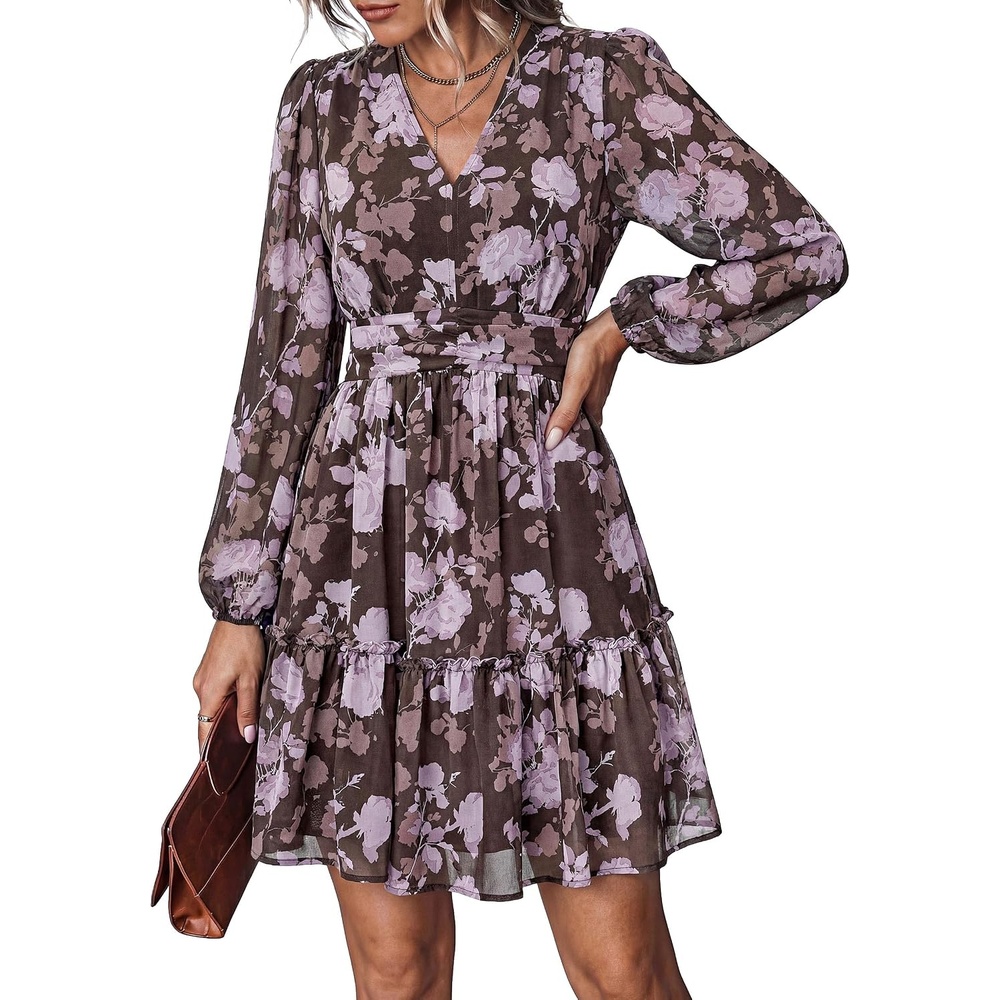 image:imagePRETTYGARDEN Women Floral Long Sleeve Mini DressBrown Purple Floral