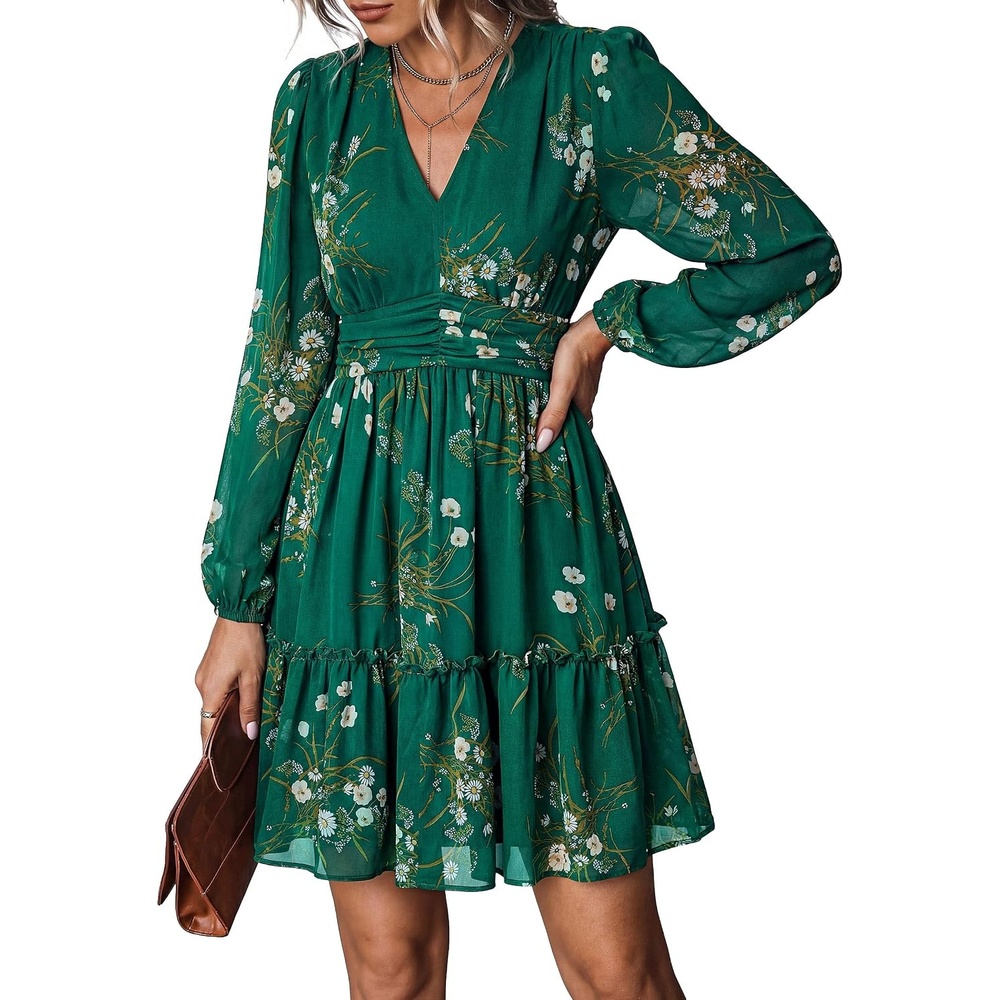 image:imagePRETTYGARDEN Women Floral Long Sleeve Mini DressGreen White Floral