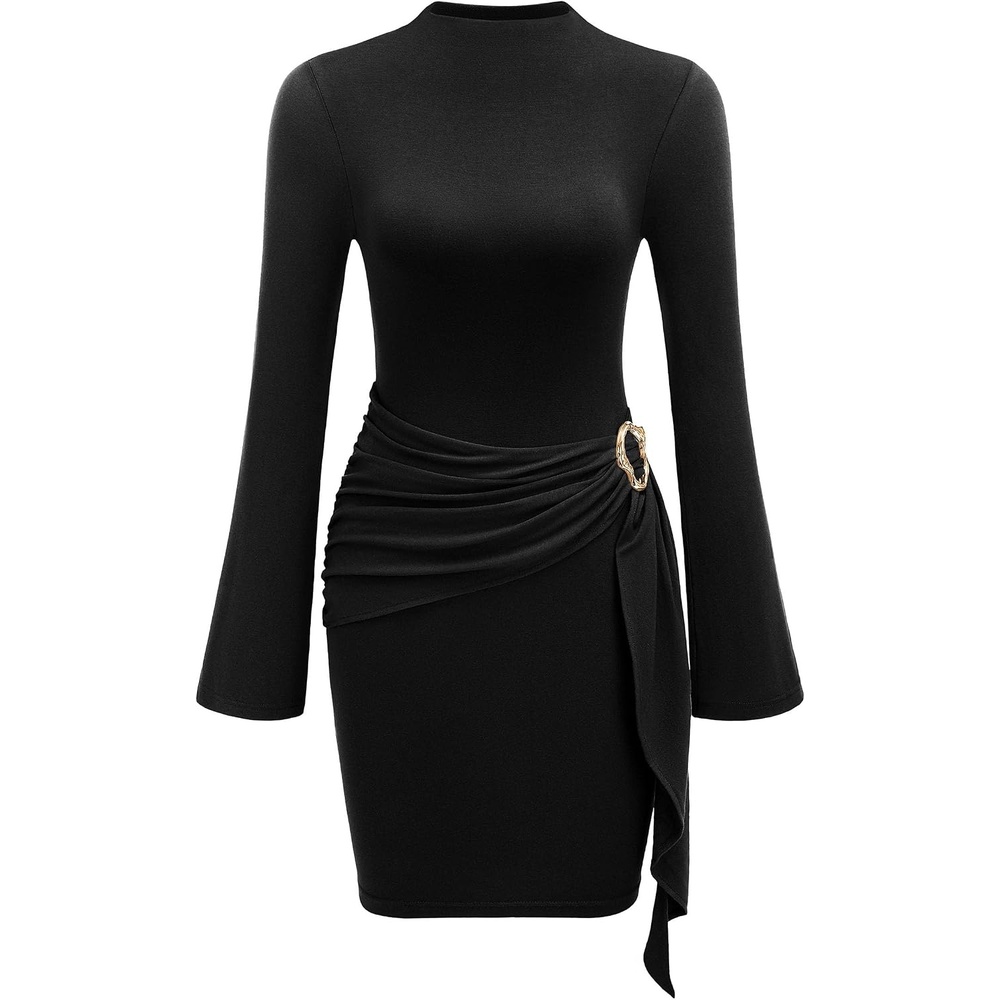 image:imagePRETTYGARDEN Women Long Sleeve Bodycon Ruched Mini DressBlack