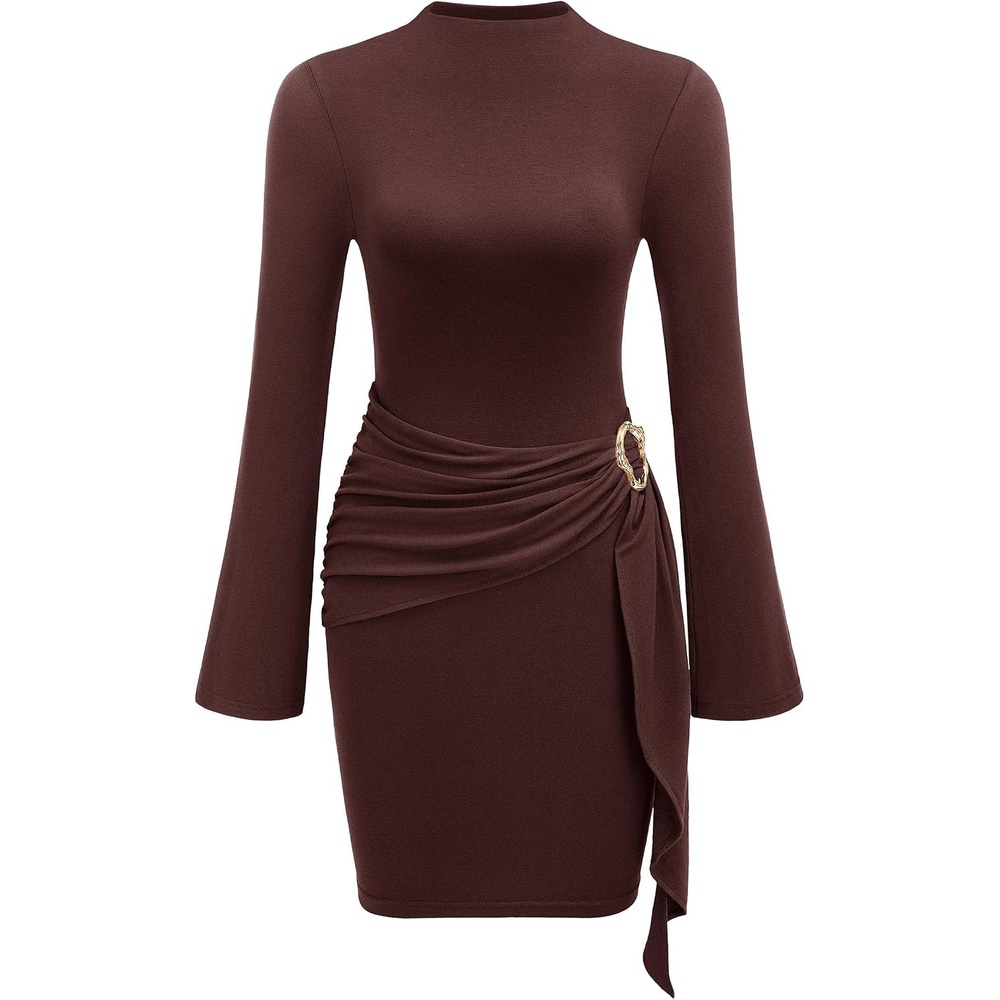 image:imagePRETTYGARDEN Women Long Sleeve Bodycon Ruched Mini DressBrown