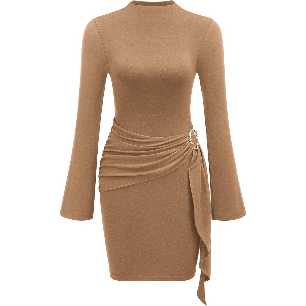 image:imagePRETTYGARDEN Women Long Sleeve Bodycon Ruched Mini DressKhaki